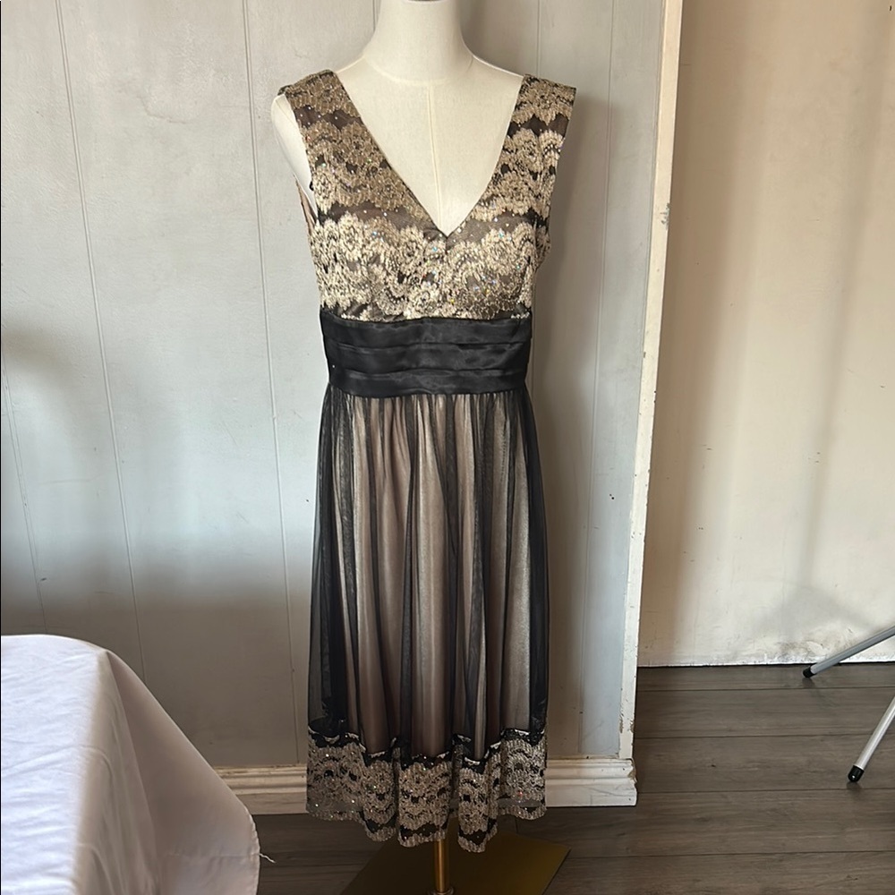 Jessica Howard Lace V-Neck Midi Dress - Black and Cream